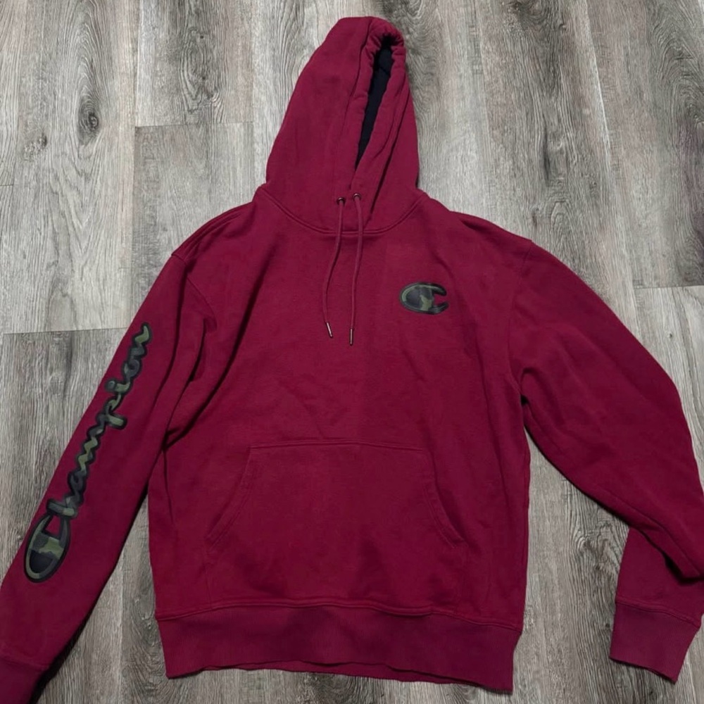 Champion Camo Hoodie Pullover Mens Medium Red Sweatshirt Classic Spellout